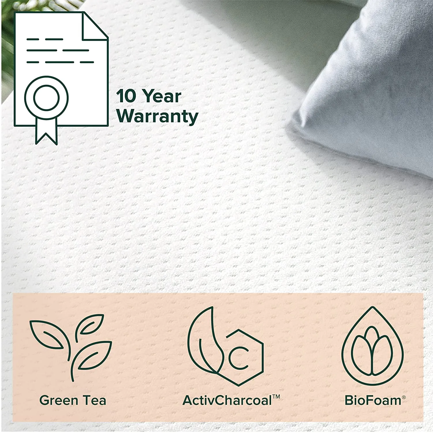 10 Inch Green Tea Memory Foam Mattress, CertiPUR-US Certified, Bed-in-a-Box, Pressure Relieving