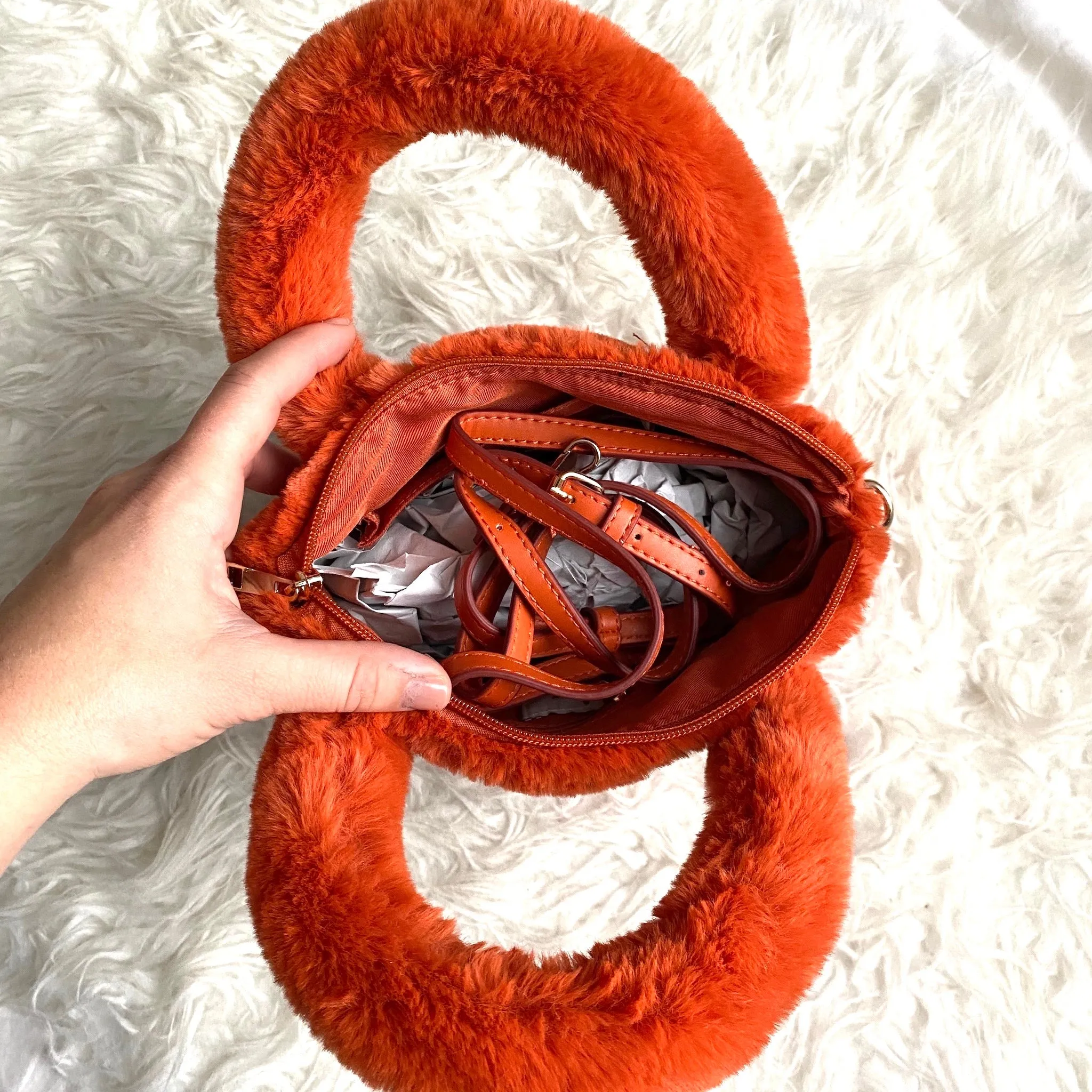 A New Day Burnt Orange Faux Fur Handbag with Detachable Crossbody Strap NWT