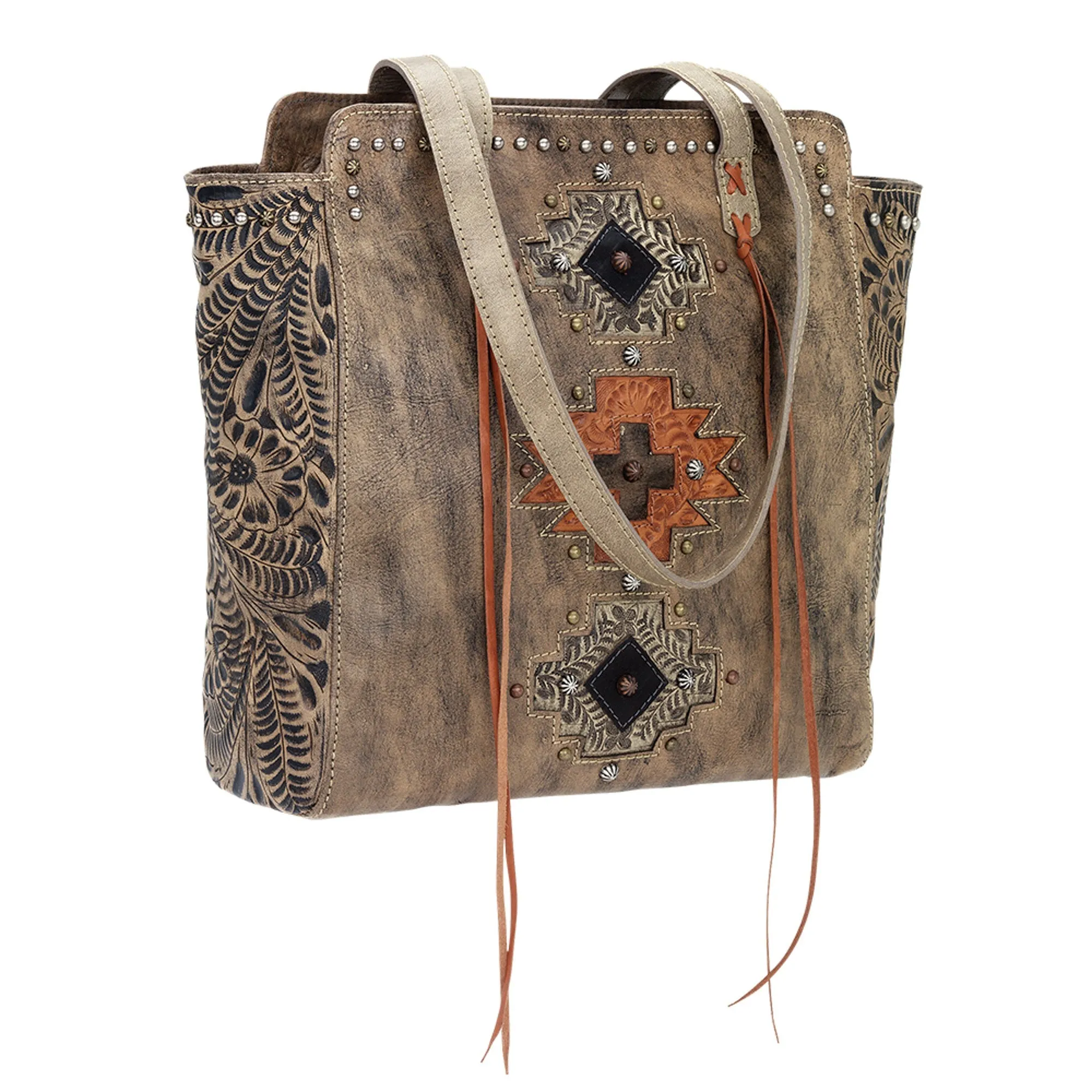 American West Navajo Soul Distressed Charcoal Leather Zip Top Tote