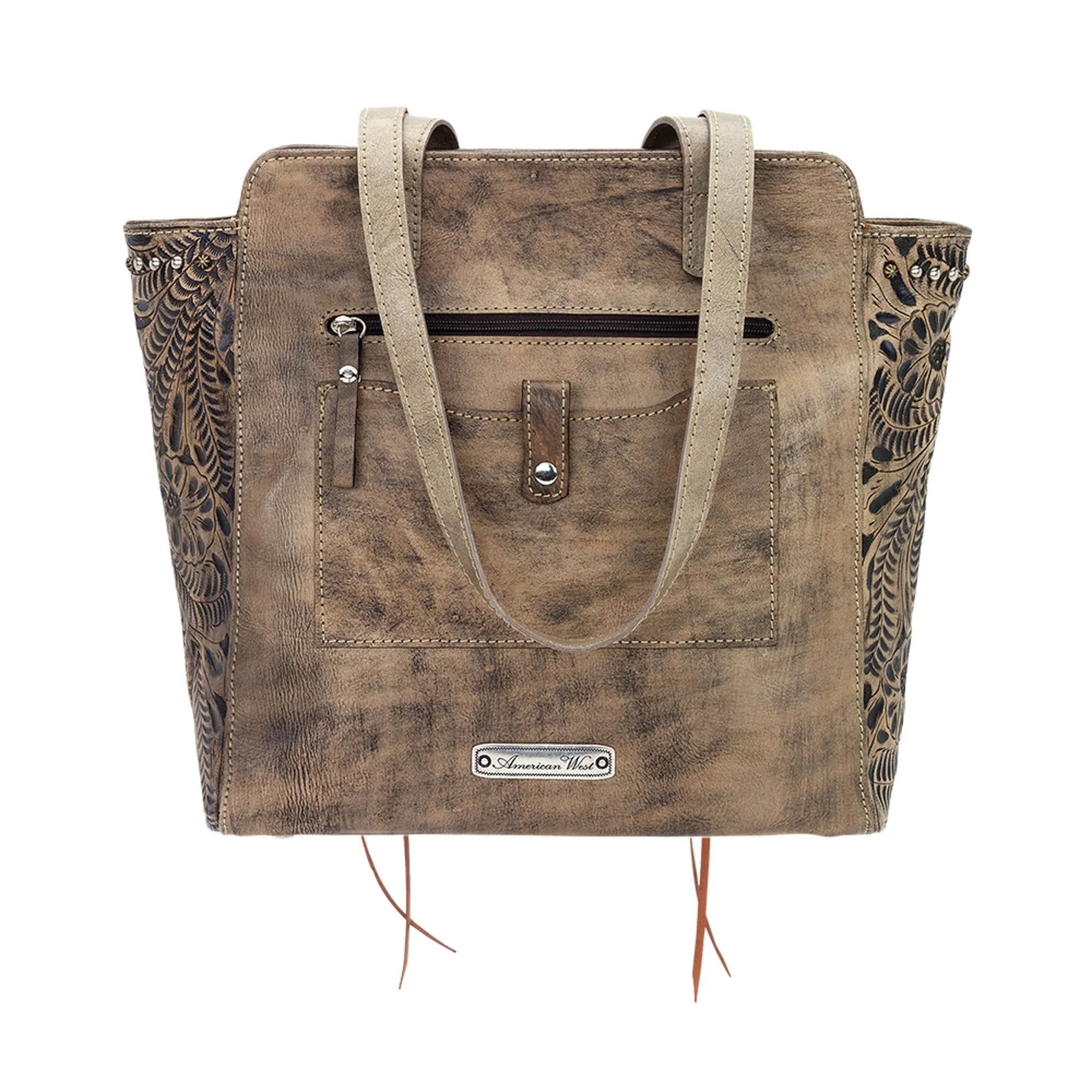 American West Navajo Soul Distressed Charcoal Leather Zip Top Tote