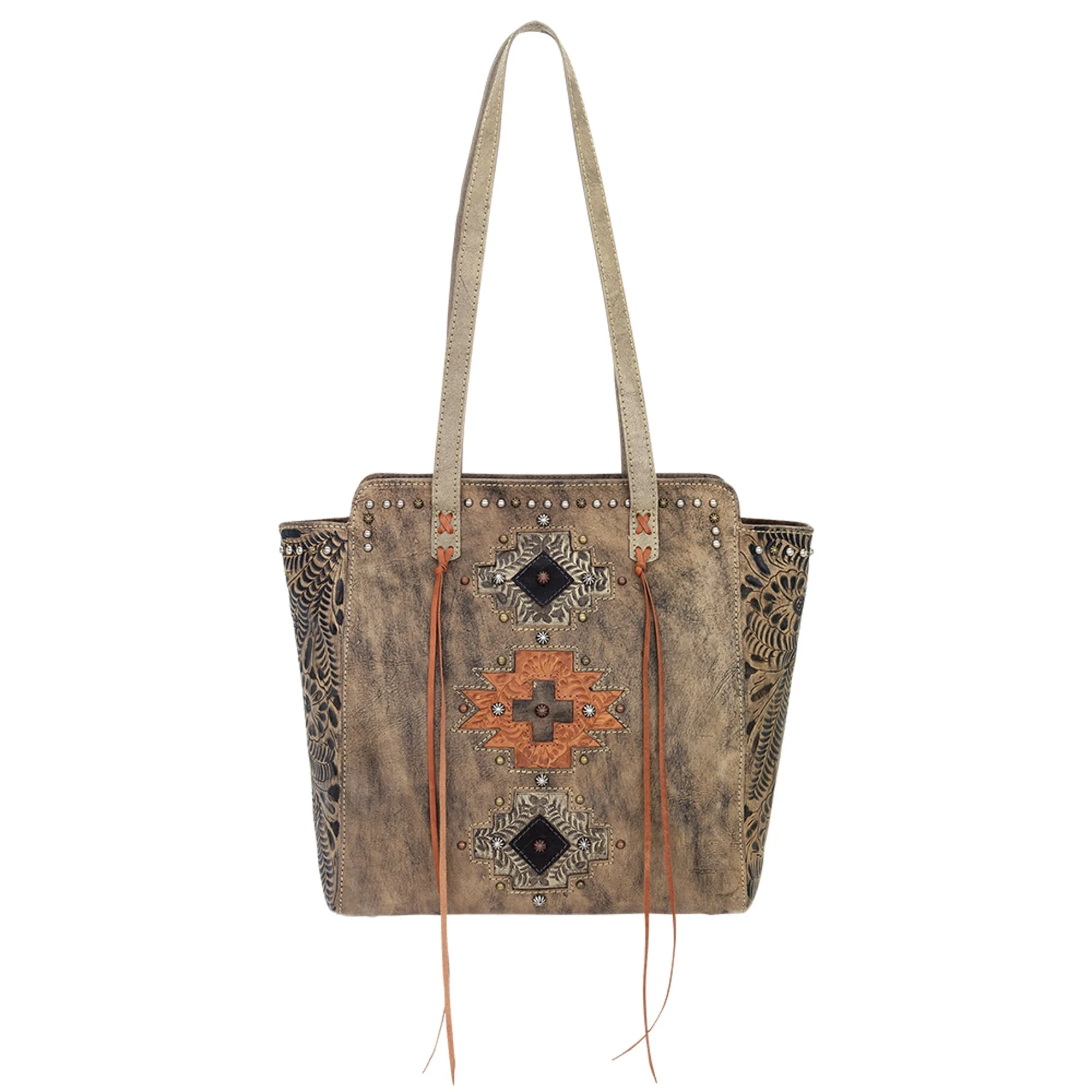 American West Navajo Soul Distressed Charcoal Leather Zip Top Tote