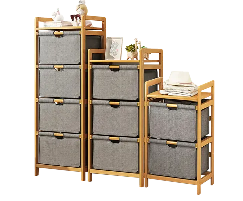 Bamboo Shelf with Storage Hamper - Wooden Bamboo Removable Bags