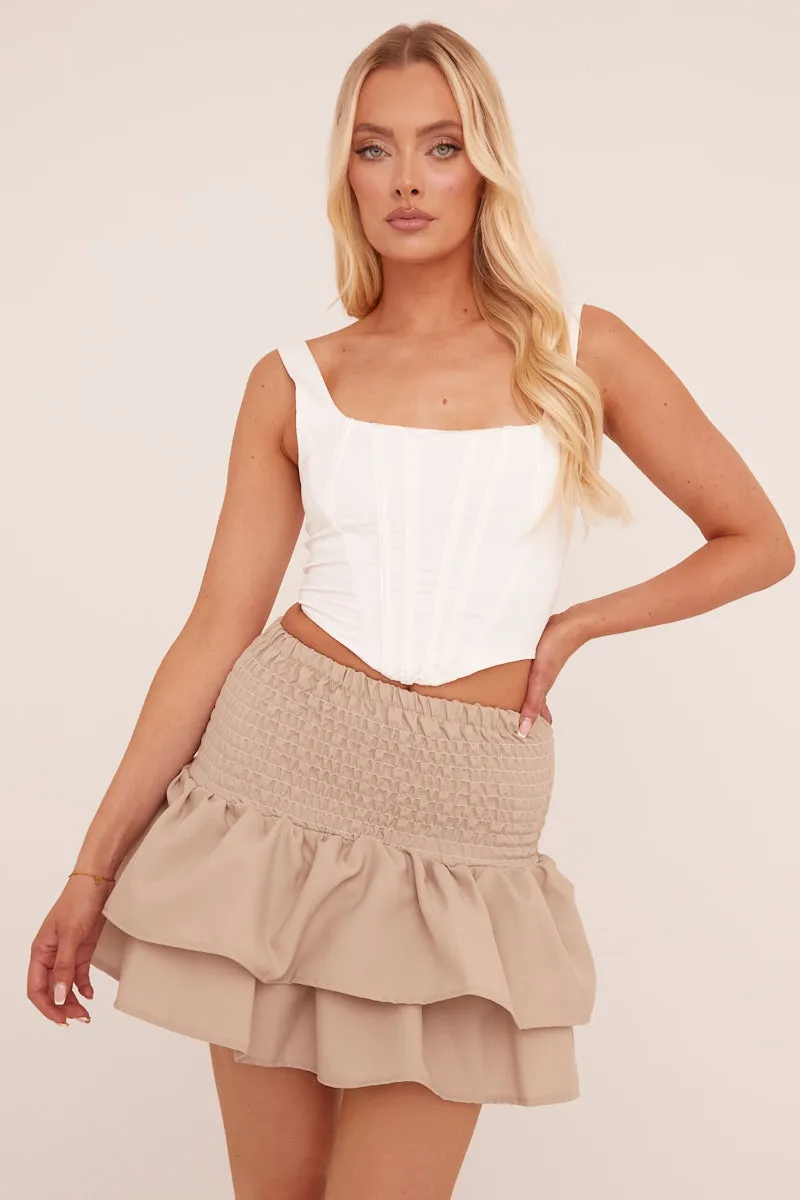 Beige Shirring Detail Tiered Mini Skirt - Vitoria