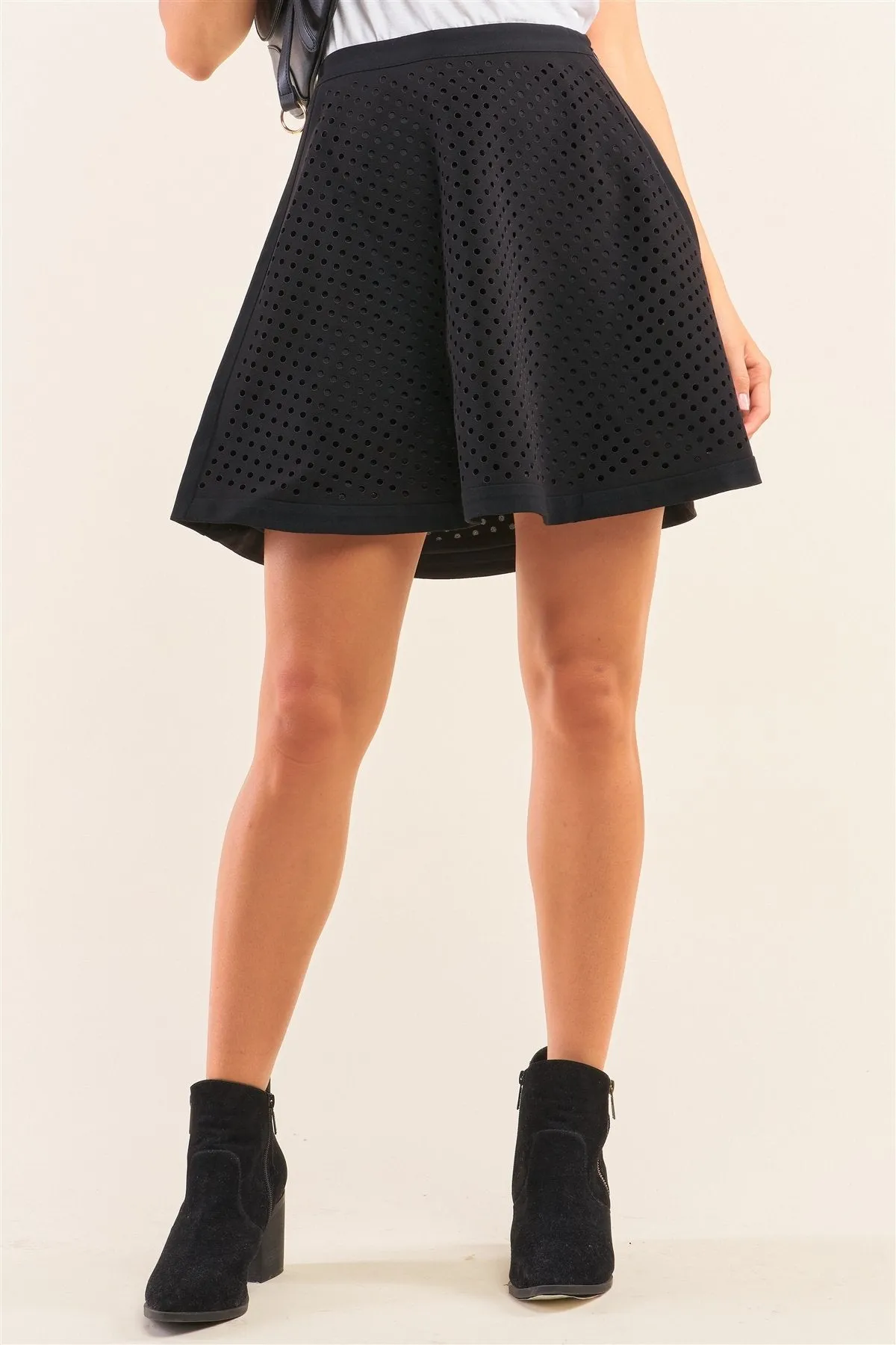 Black Laser Cut Scuba Skater A-line Mini Skirt