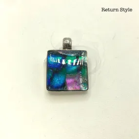 Blue Multi-Color Glass Sterling Silver Square ss Pendant