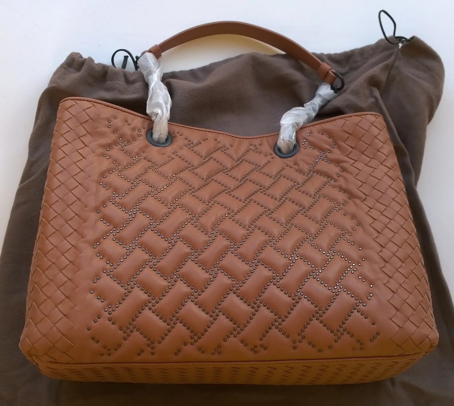 Bottega Veneta Studs Woven Chain Handle Handbag Tote Bag Terra Cotta