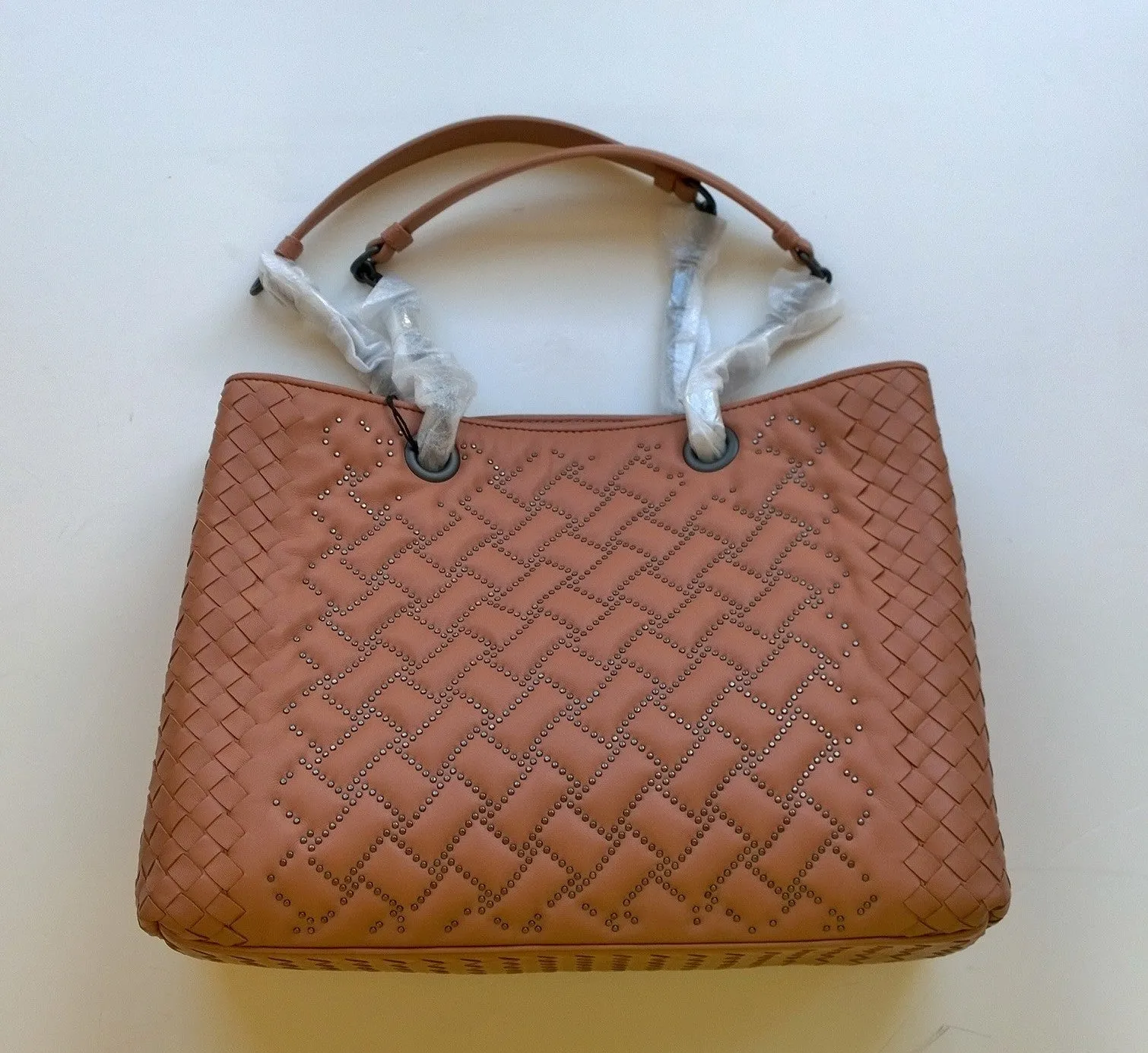 Bottega Veneta Studs Woven Chain Handle Handbag Tote Bag Terra Cotta