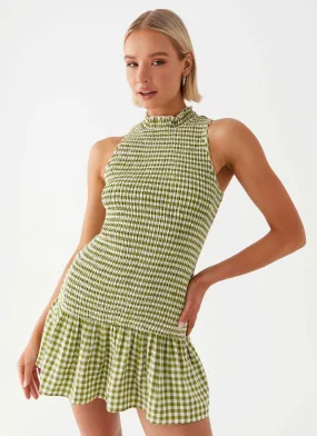 Cassie shirred Mini Dress - Khaki Gingham