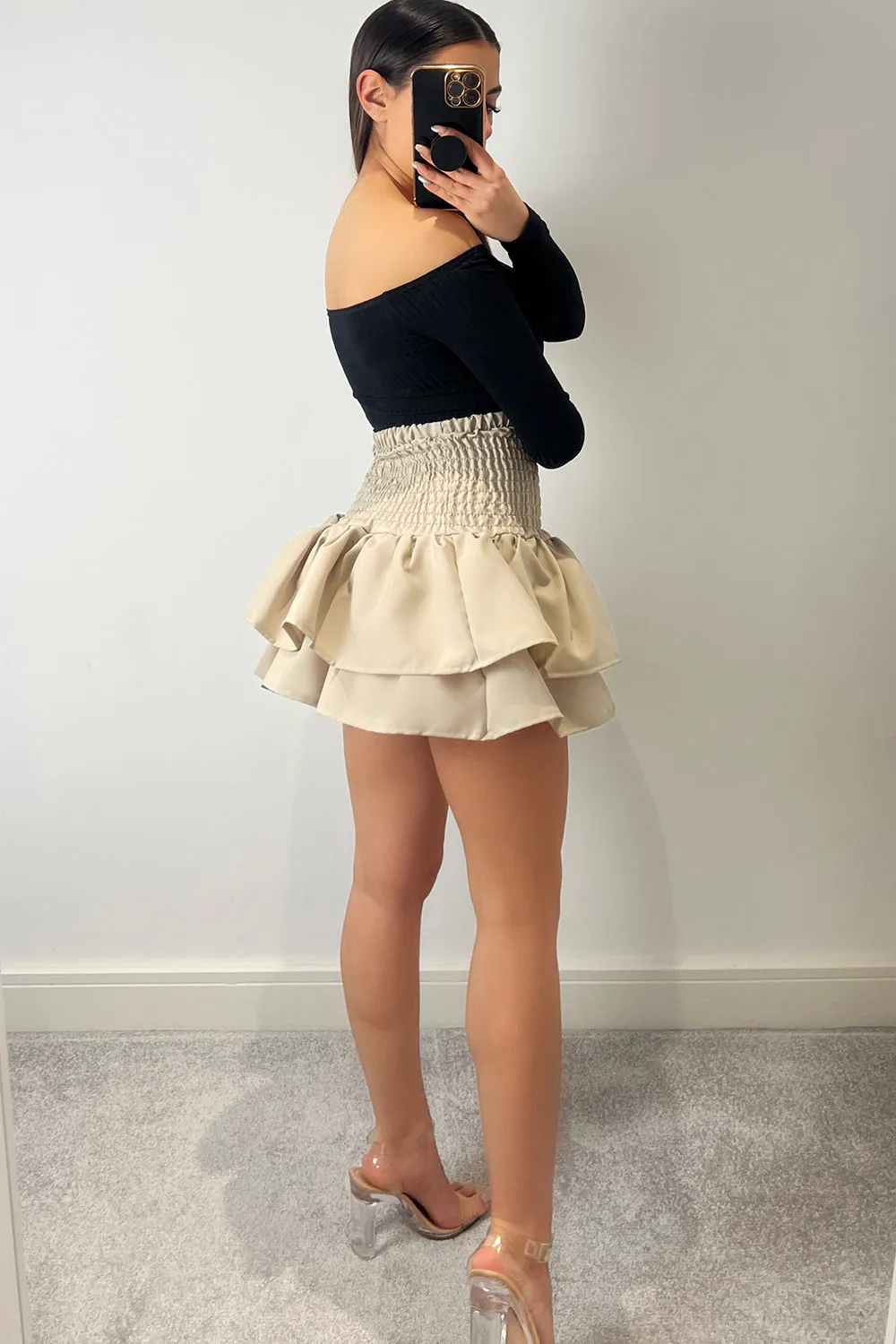 Cece Beige Shirred Waist Ruffle Hem Mini Skirt