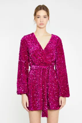 Cerise Velvet-Sequin Tie-Waist Wrap Mini-Dress