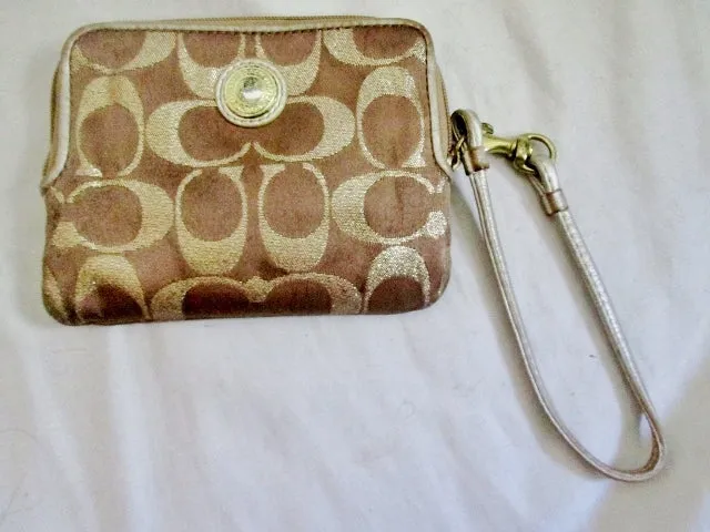 COACH Mini Signature C Canvas Leather Change Purse Wallet Wristlet GOLD Organizer