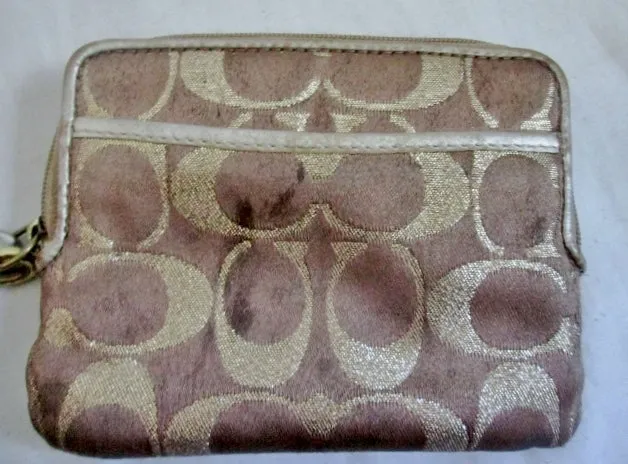 COACH Mini Signature C Canvas Leather Change Purse Wallet Wristlet GOLD Organizer