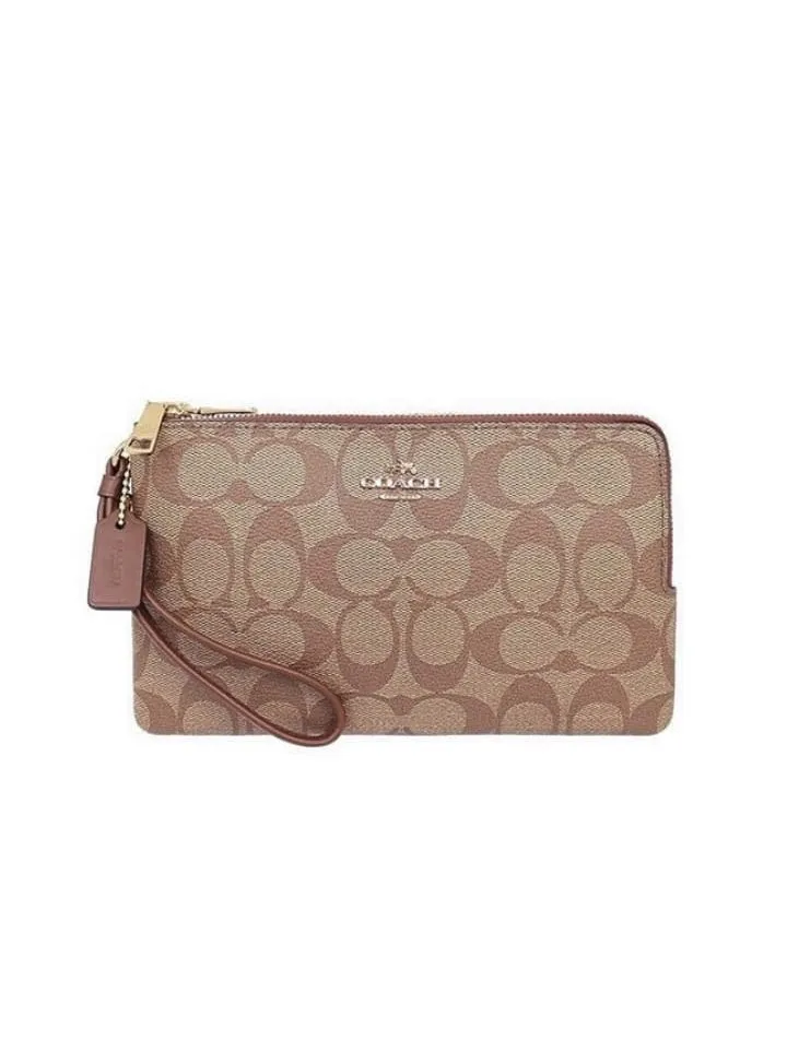 Coach Women's Double Zip Wallet In Signature Coated Canvas IM/Khaki/Saddle F16109 IMBDX