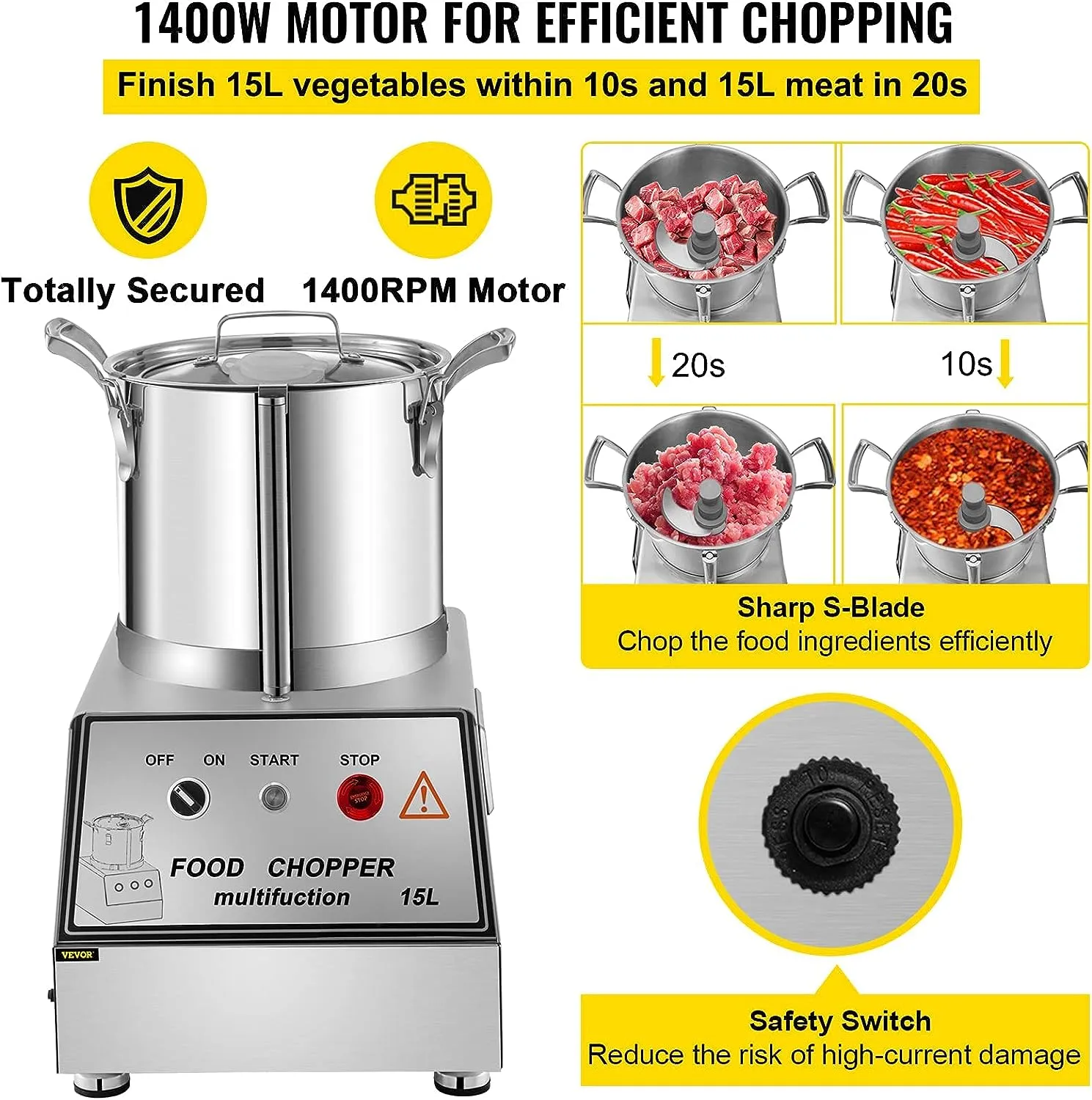 Commercial Food Processor - Stainless Steel Grain Grinder 1400W - Perfect for Meat or Vegetable Stuffing, Fruit or Peanut Jam, Grain Powder