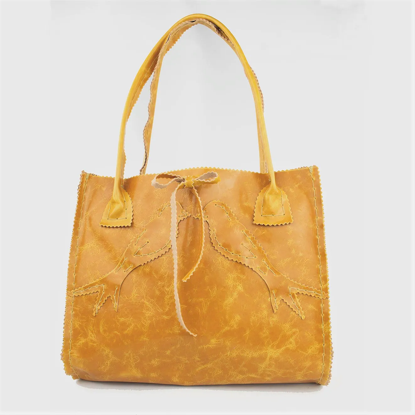 Distressed Honey Brown Leather Bag with Mirrored Bird Motif