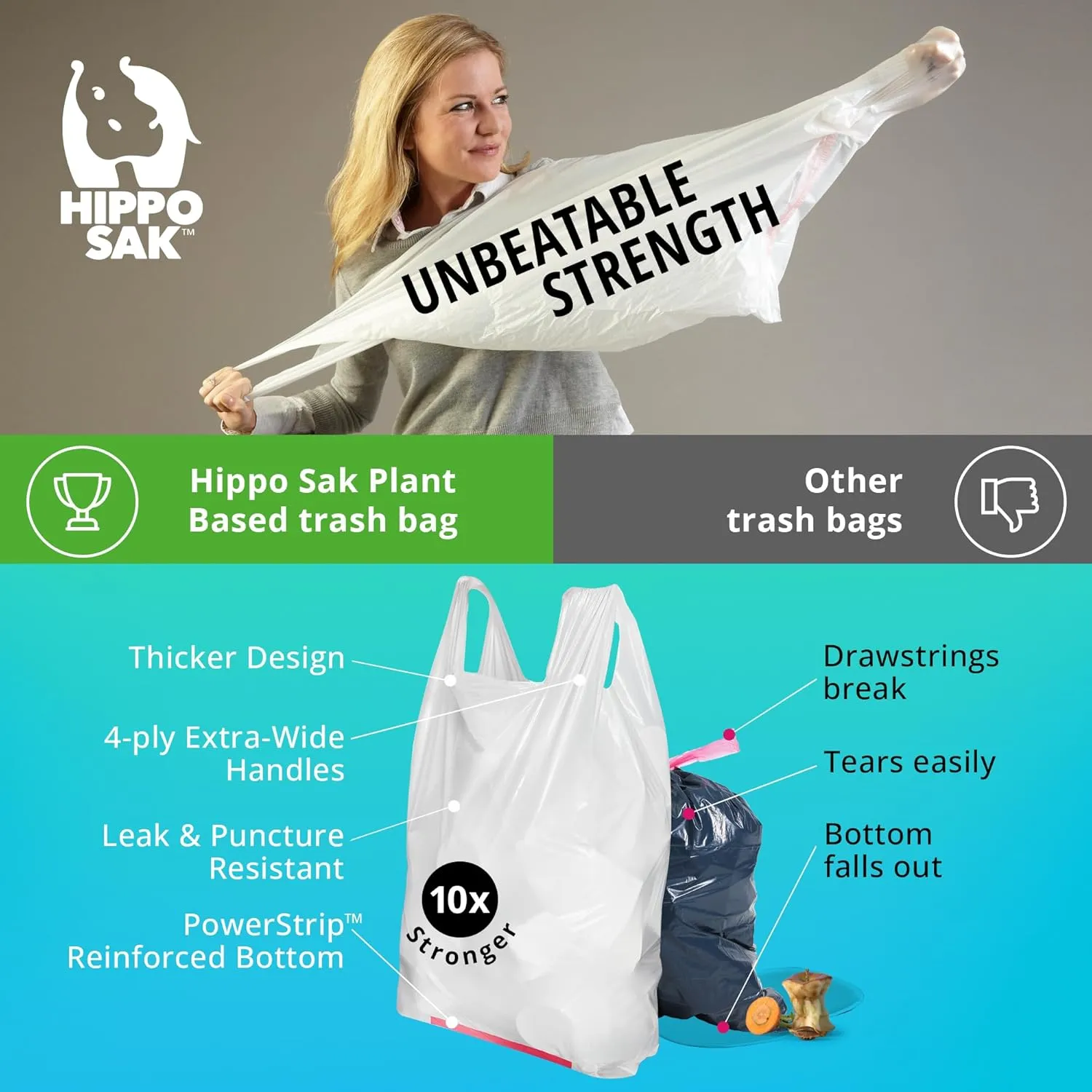 Eco-Friendly 13-Gallon Plant-Based Trash Bags with Ergonomic Handles – Recyclable, Leak-Proof, and Extra Strong