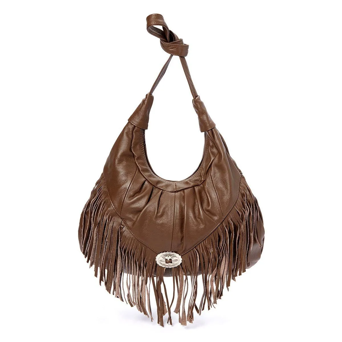 Fringe Hobo Bag - Soft Genuine Leather Brown Color