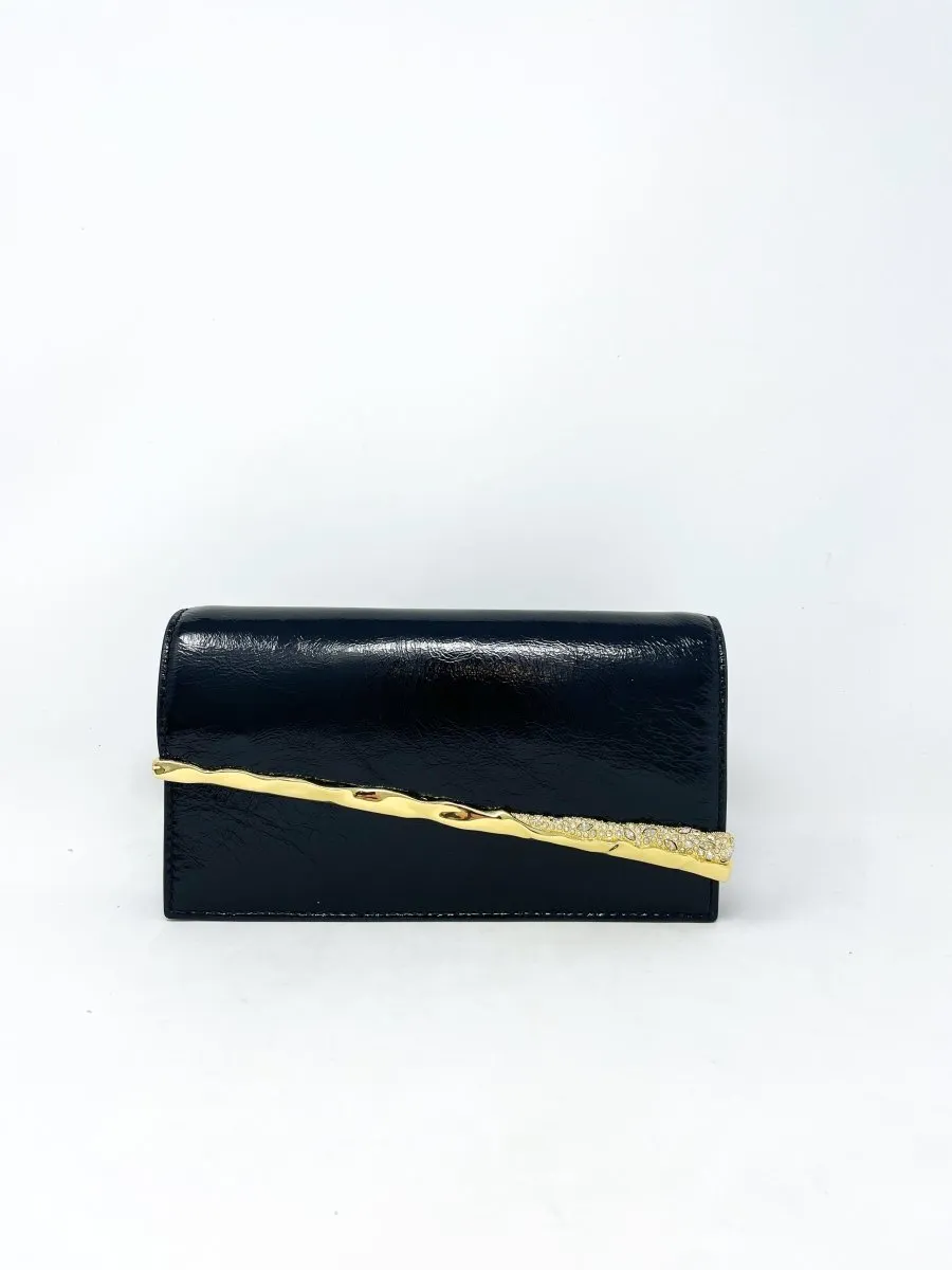 Gold Angular Convertible Crossbody Bag in Black