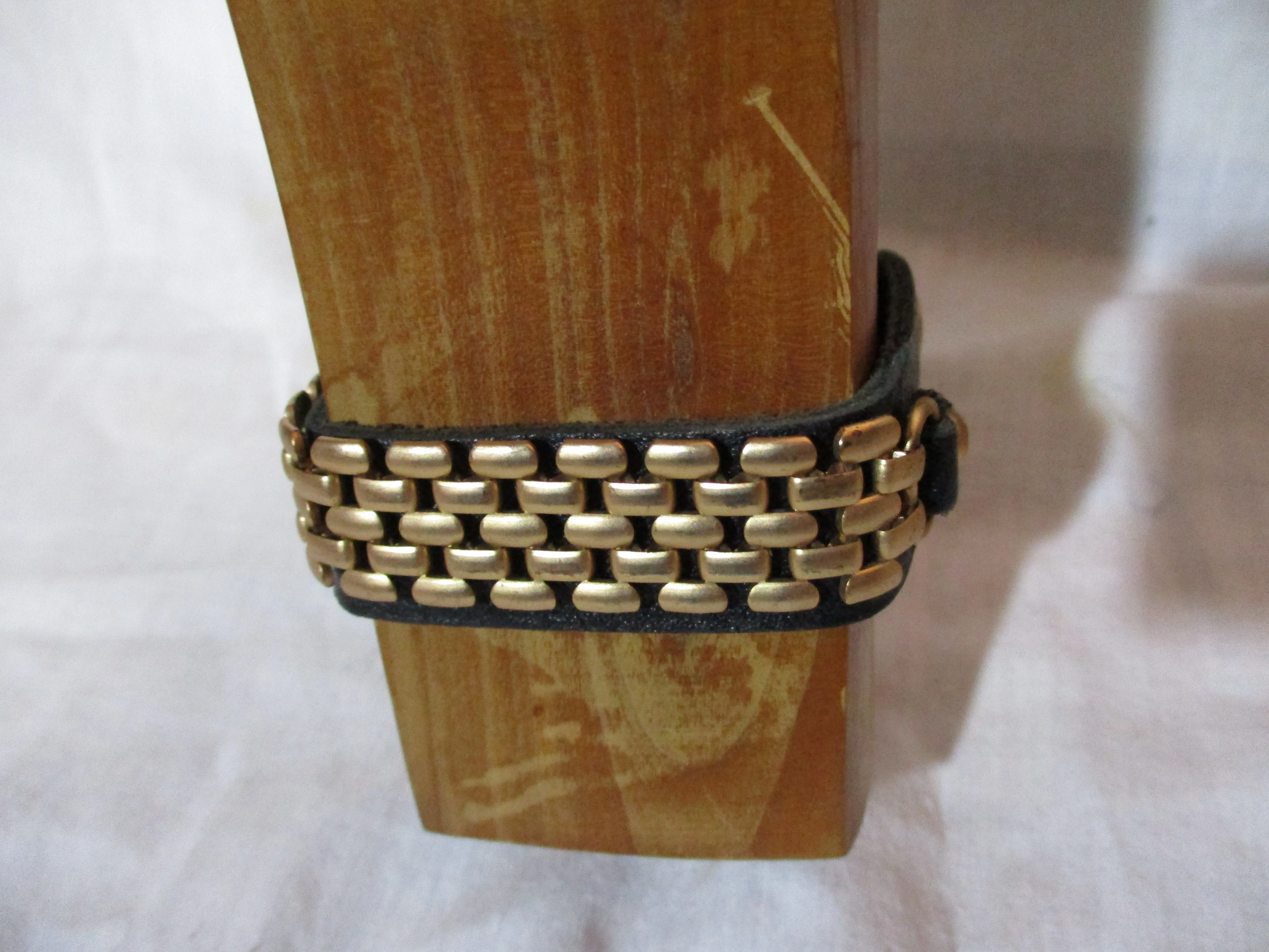 GOLD BRICK WALL Mesh BLACK Leather Bracelet Cuff Hippie Boho Goldtone