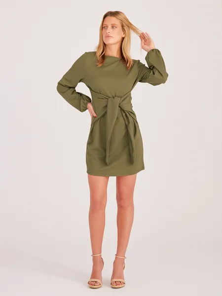 Lantern Sleeve Waist Tie Sweater Mini Dress