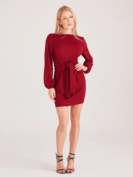 Lantern Sleeve Waist Tie Sweater Mini Dress