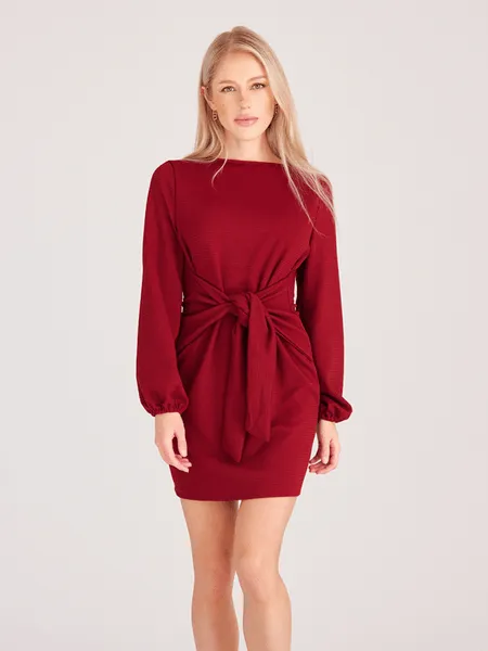 Lantern Sleeve Waist Tie Sweater Mini Dress