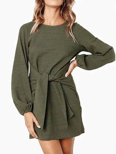 Lantern Sleeve Waist Tie Sweater Mini Dress