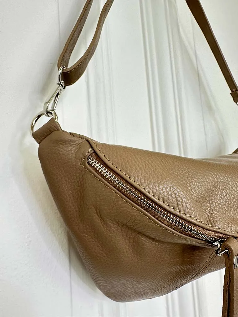 Leather Double Zip Bumbag - Latte