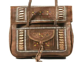 Leather Tote Bag - Chkara - Embroidered - Light Brown