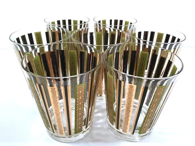 Mid-Century 22-Karat Gold and Green Stripes Double Old Fashion Glasses (Set of 7)