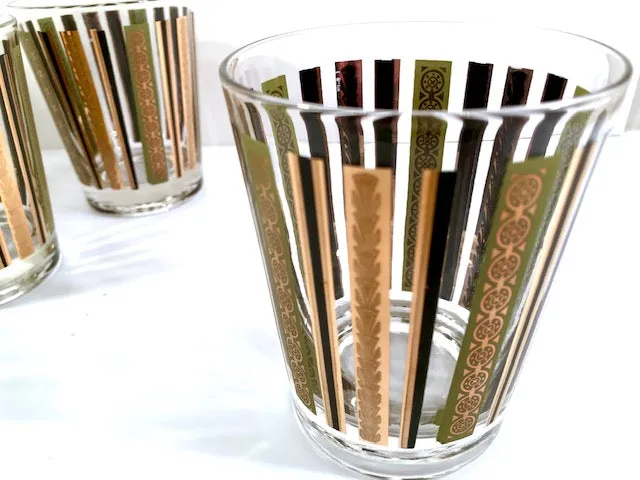 Mid-Century 22-Karat Gold and Green Stripes Double Old Fashion Glasses (Set of 7)