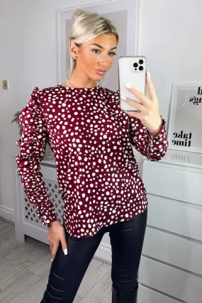 Mollie Plum Spot Print Gathered Sleeve Top