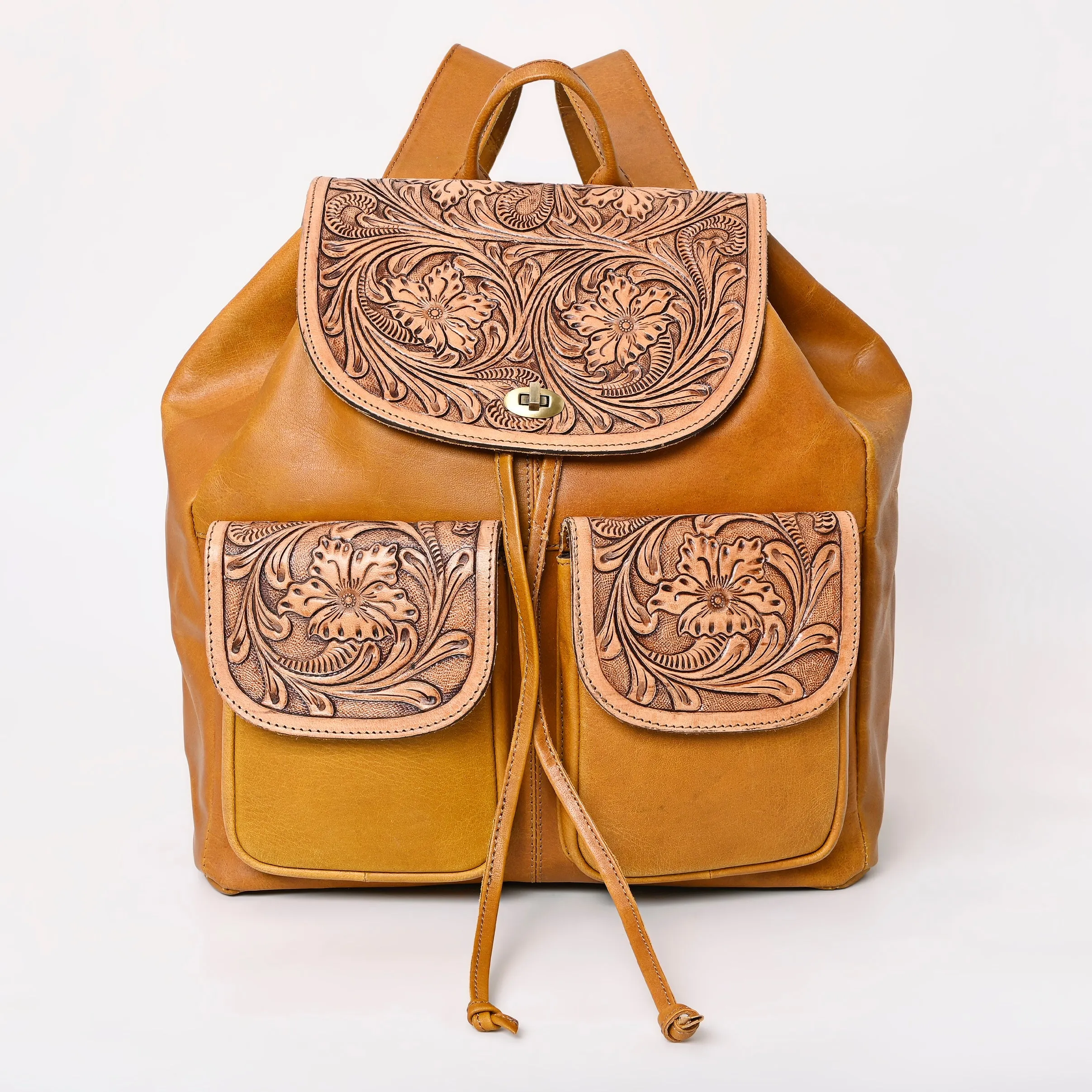 Montana West Genuine Leather Hand Tooled Drawstring Backpack