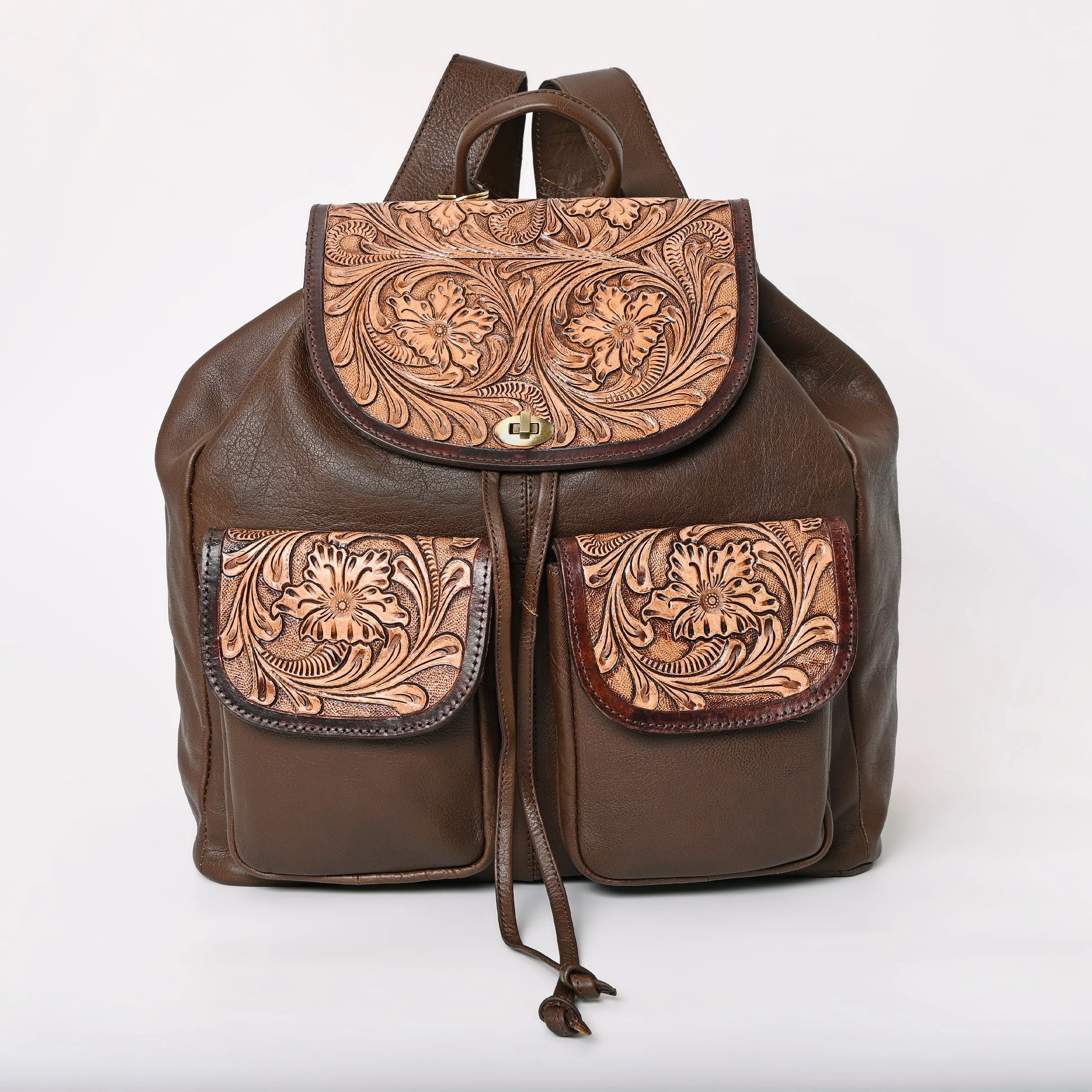 Montana West Genuine Leather Hand Tooled Drawstring Backpack