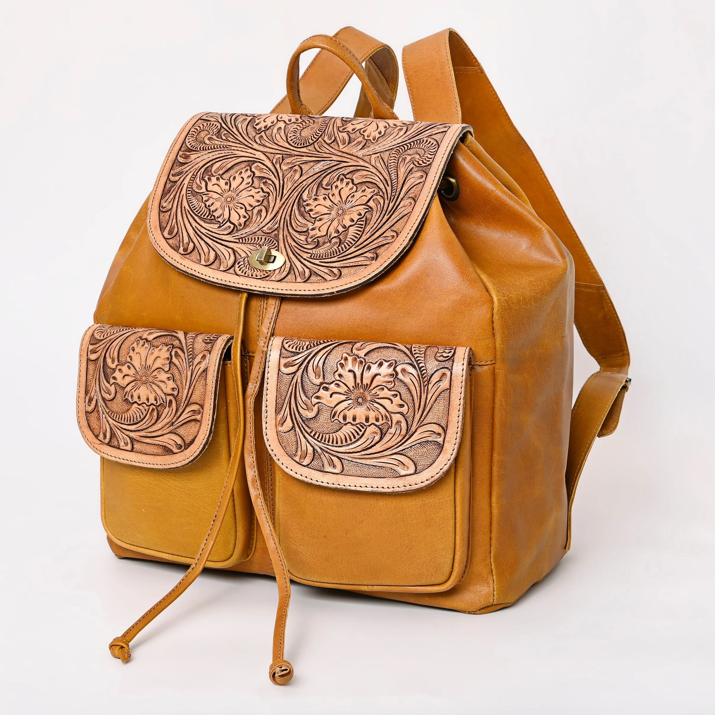 Montana West Genuine Leather Hand Tooled Drawstring Backpack