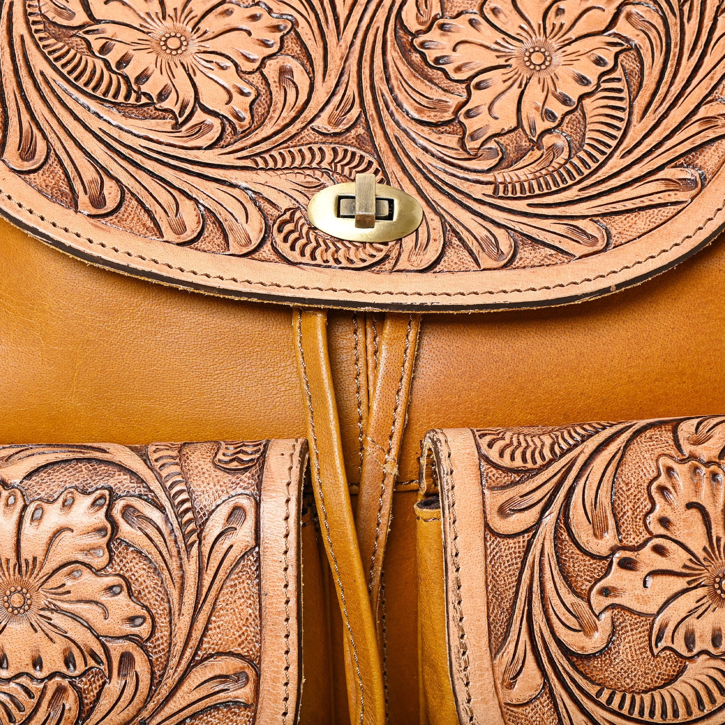 Montana West Genuine Leather Hand Tooled Drawstring Backpack