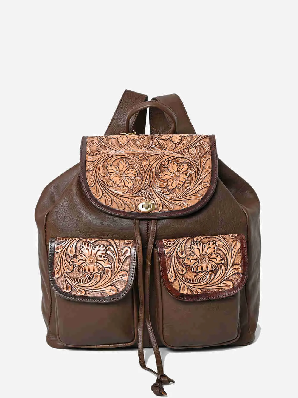 Montana West Genuine Leather Hand Tooled Drawstring Backpack