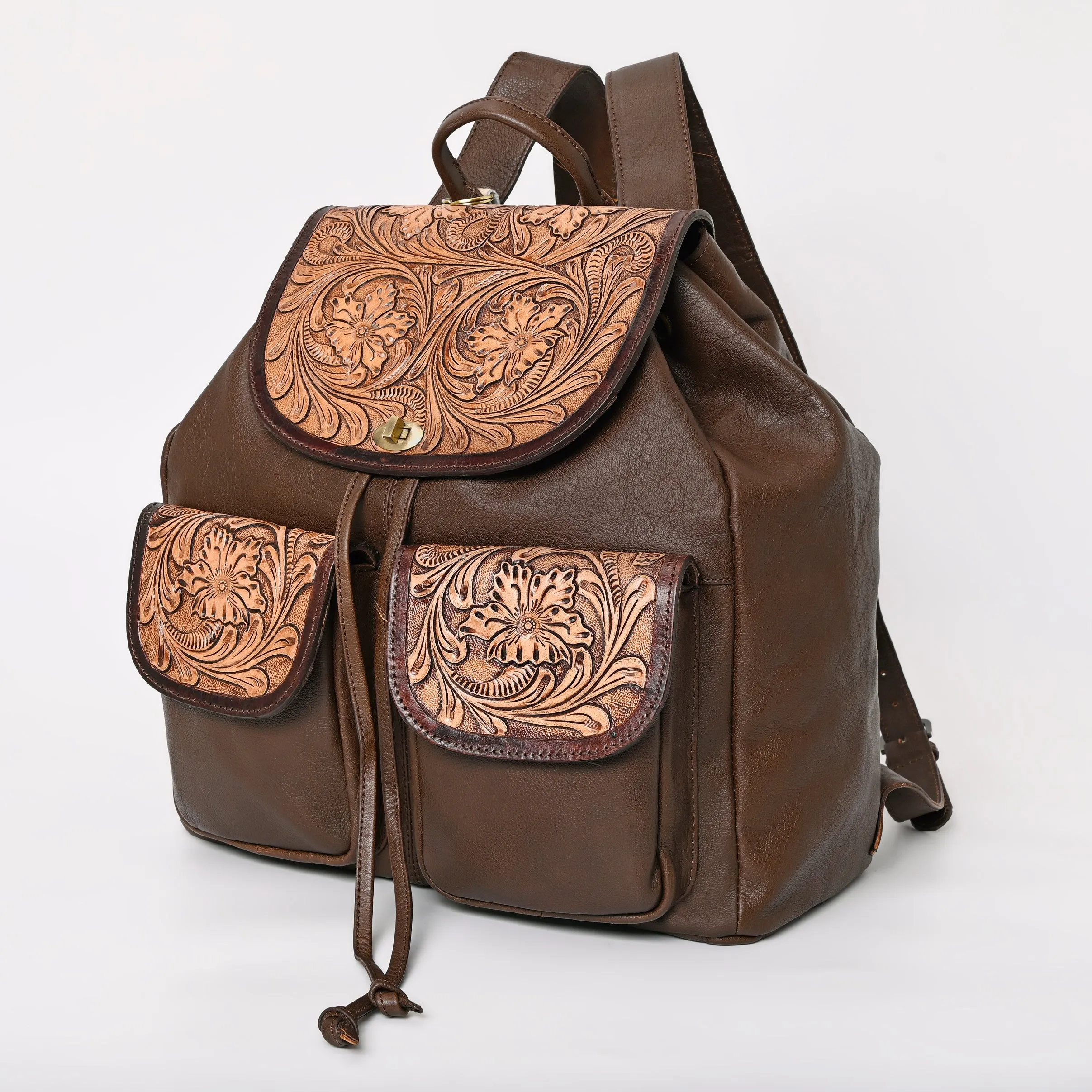 Montana West Genuine Leather Hand Tooled Drawstring Backpack