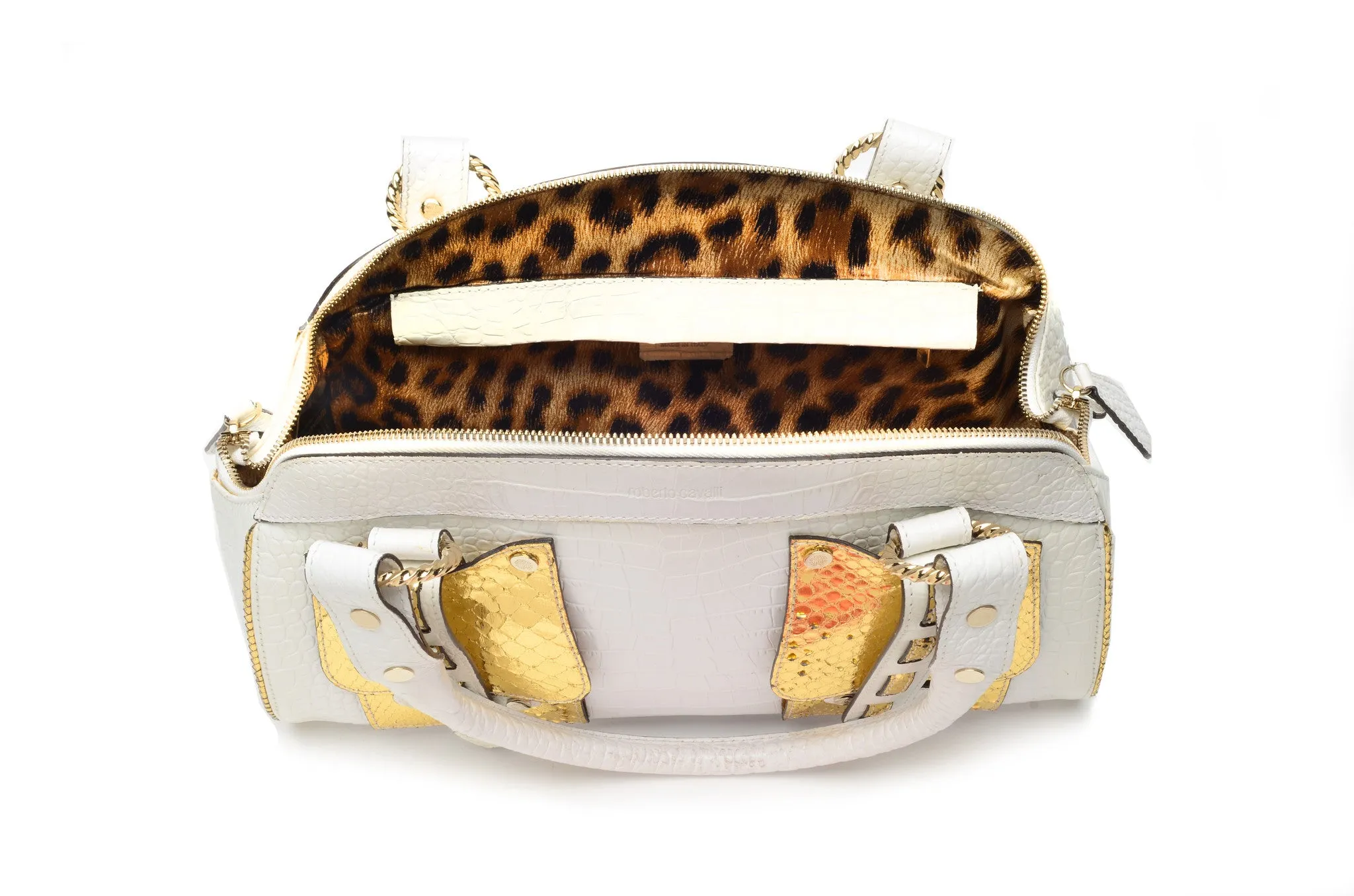 Roberto Cavalli  - White and Gold Leather Bag with Handles