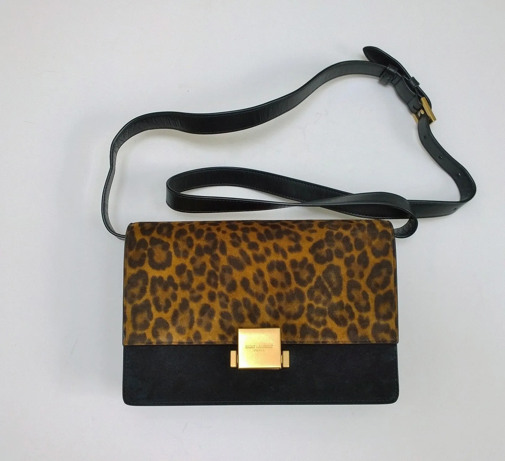 Saint Laurent Bellechasse Leopard Suede Black Crossbody Bag