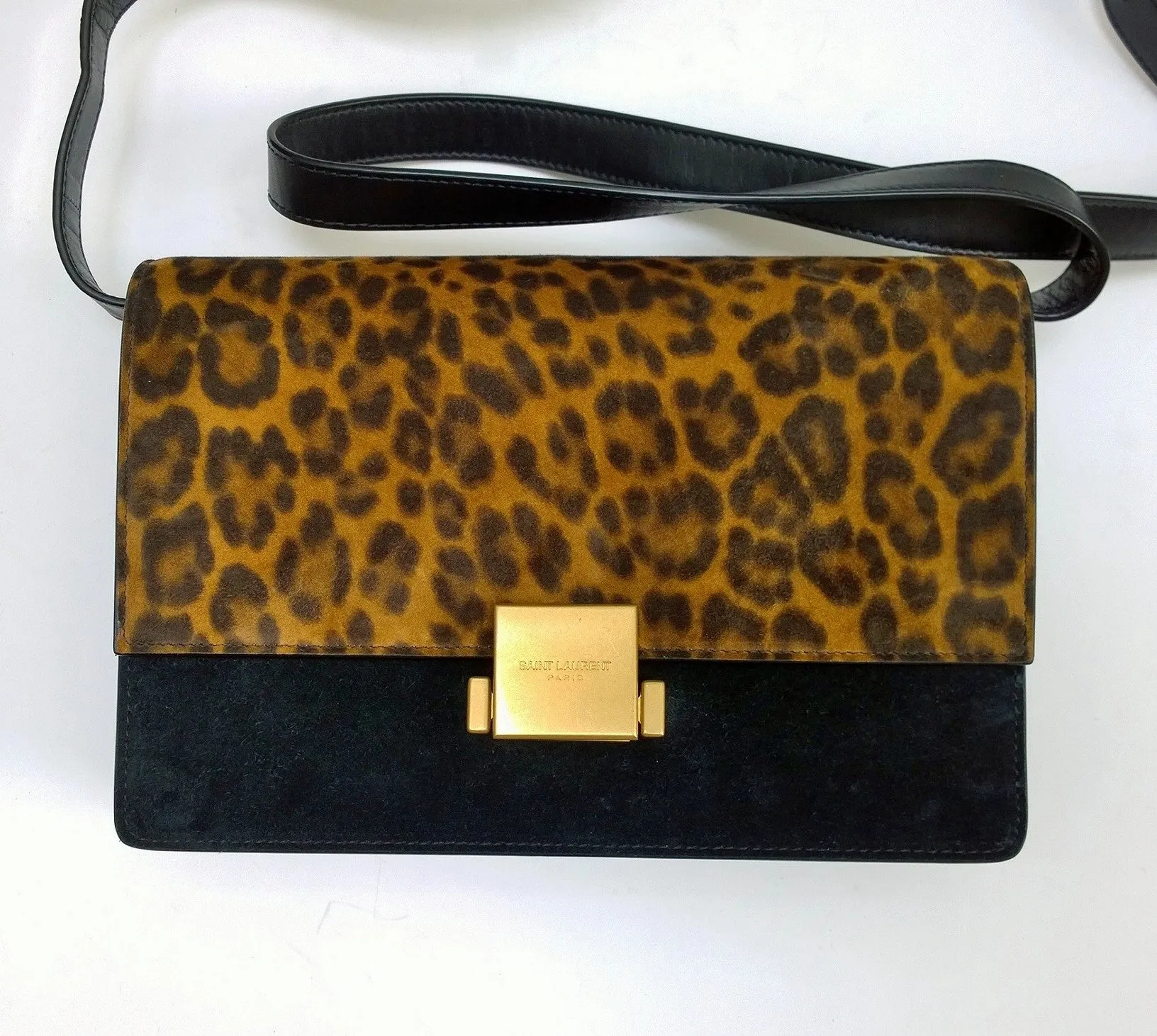 Saint Laurent Bellechasse Leopard Suede Black Crossbody Bag